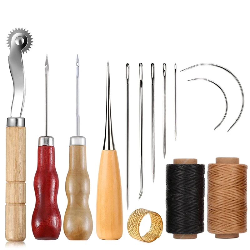 Leatherwork Thread - 初心者向けレザークラフトソーイングキット、ワックス糸、木製ハンドル、手縫い針、修理ステッチツール、14個
