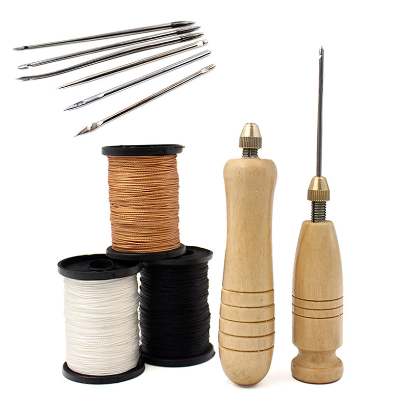 Leatherwork Thread - 1セットDIY革縫い針木製ハンドル付きセット革キャンバス地テント靴修理ツールナイロン糸革縫いキット